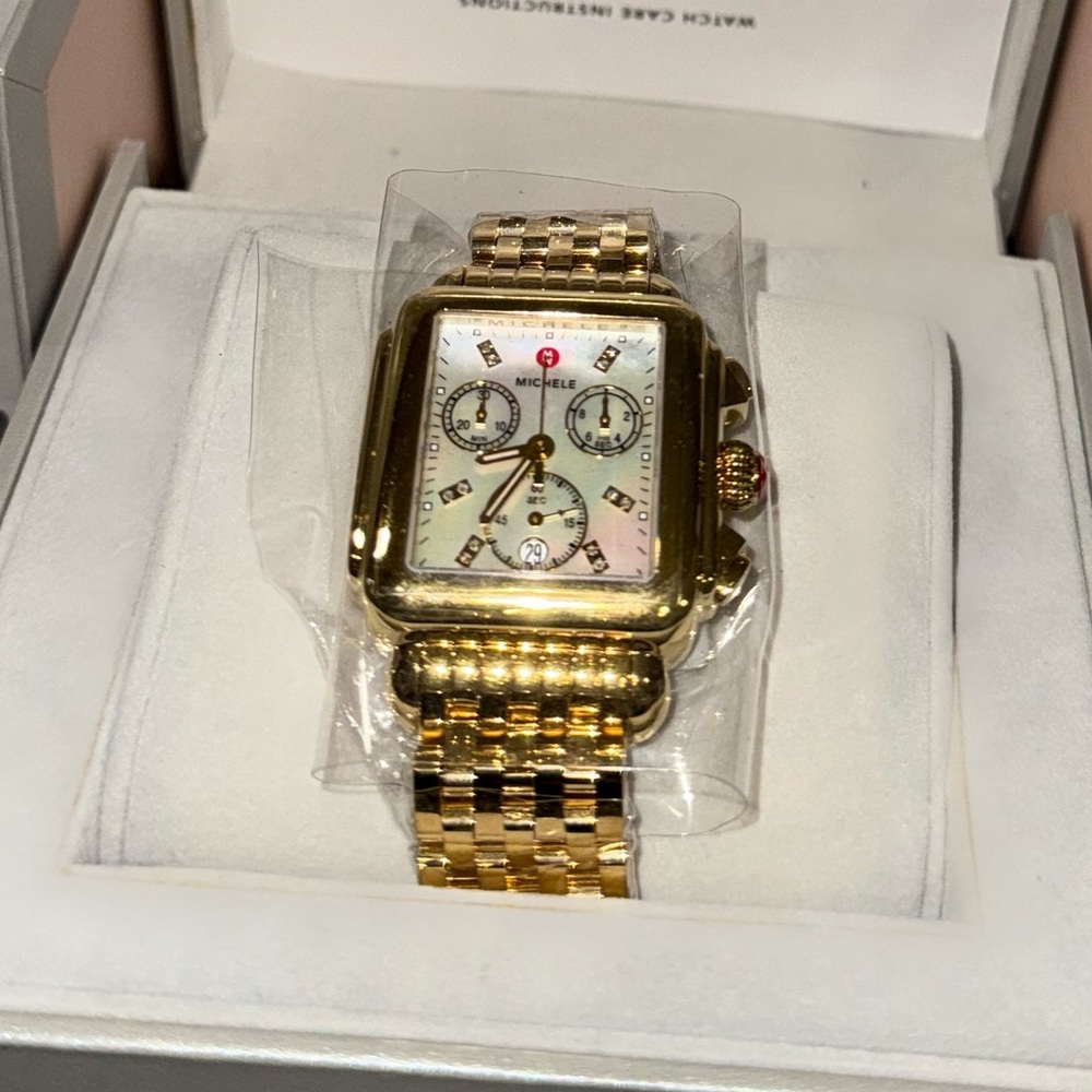 NEW Gold Michele Watch w/ Mother of Pearl - Deco Chronograph 18K Gold-Plated